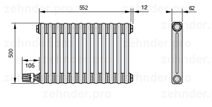 Схема (чертеж) Радиатор Zehnder Charleston 2050/12 №V004 Белый глянцевый RAL 9016